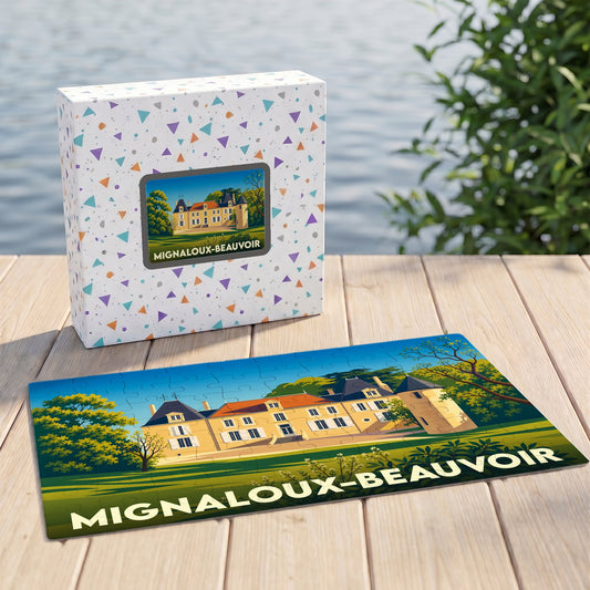 Puzzle souvenir de la ville de Mignaloux-Beauvoir avec une illustration stylisée d'un château.