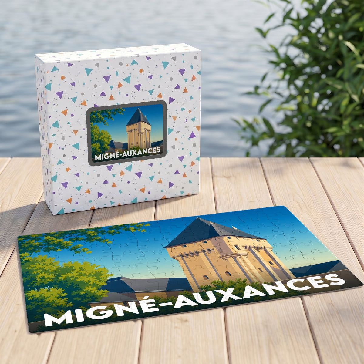 Puzzle souvenir de la ville de Migné-Auxances représentant une illustration stylisée de son patrimoine architectural.