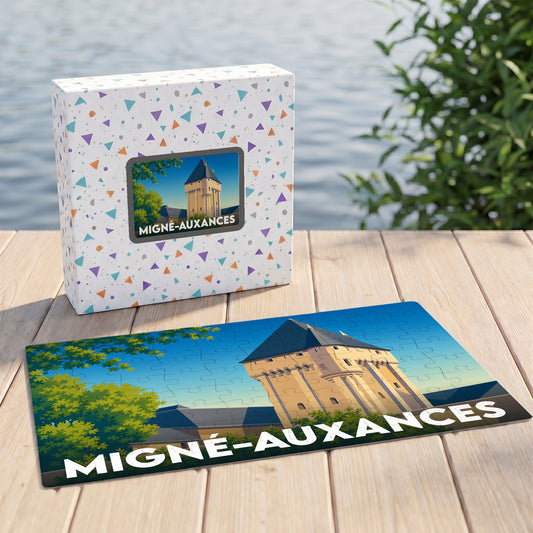 Puzzle souvenir de la ville de Migné-Auxances représentant une illustration stylisée de son patrimoine architectural.