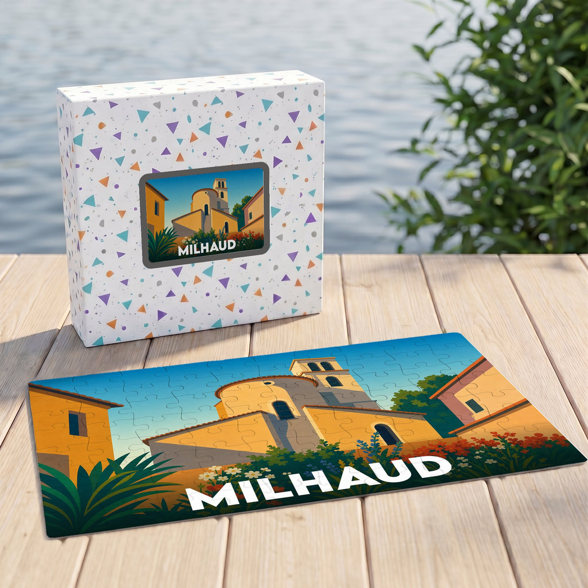 Puzzle souvenir de la ville de Milhaud avec une illustration stylisée et colorée.