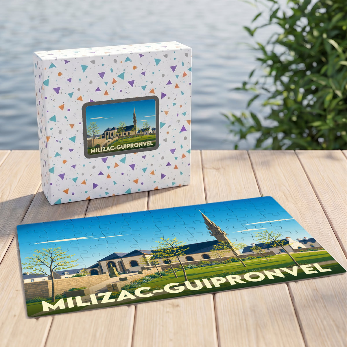 Puzzle souvenir de la commune de Milizac-Guipronvel avec une illustration stylisée de l'église et de son clocher.
