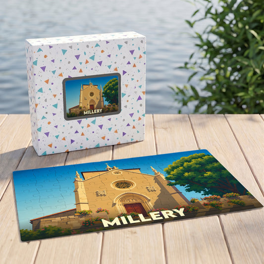 Puzzle souvenir de la ville de Millery avec une illustration stylisée de son église.