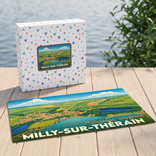Puzzle souvenir de la ville de Milly-sur-Thérain avec une illustration paysagère stylisée.