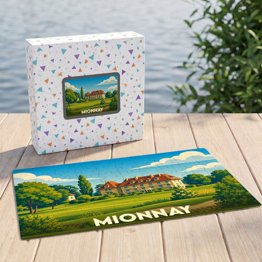 Puzzle souvenir de la ville de Mionnay avec une illustration stylisée d'un domaine verdoyant.
