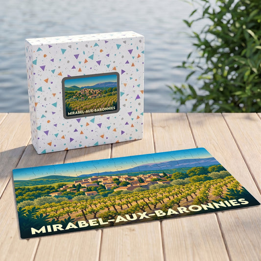 Puzzle souvenir de la ville de Mirabel-aux-Baronnies avec une illustration stylisée de son paysage provençal.