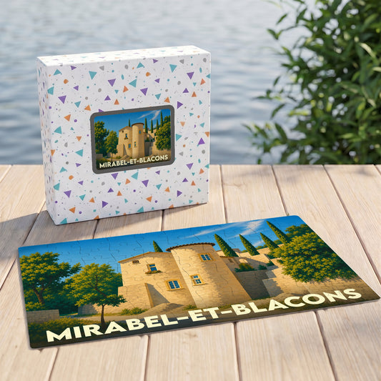 Puzzle souvenir de la ville de Mirabel-et-Blacons avec son illustration stylisée et sa boîte assortie.