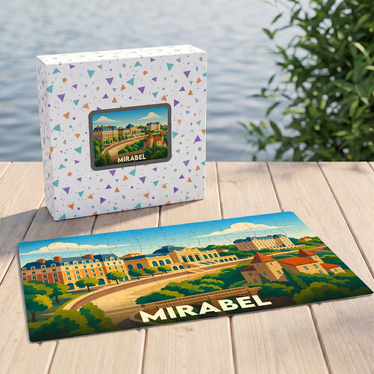 Puzzle souvenir de la ville de Mirabel avec une illustration stylisée d'un paysage urbain.
