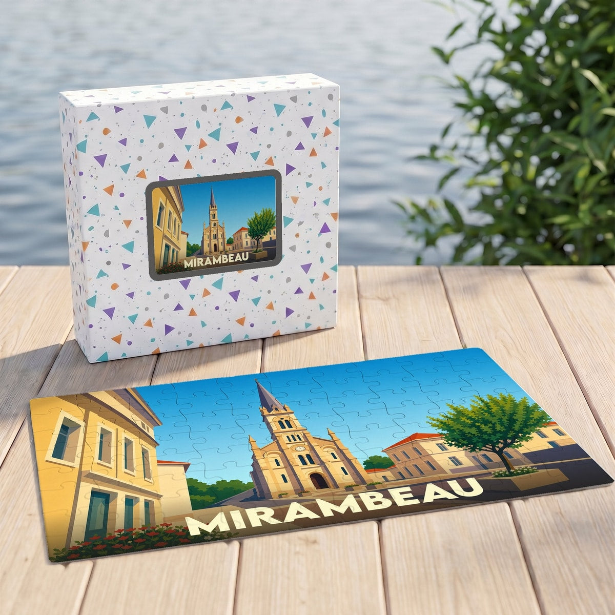 Puzzle souvenir de la ville de Mirambeau avec une illustration colorée et stylisée d'un monument historique.