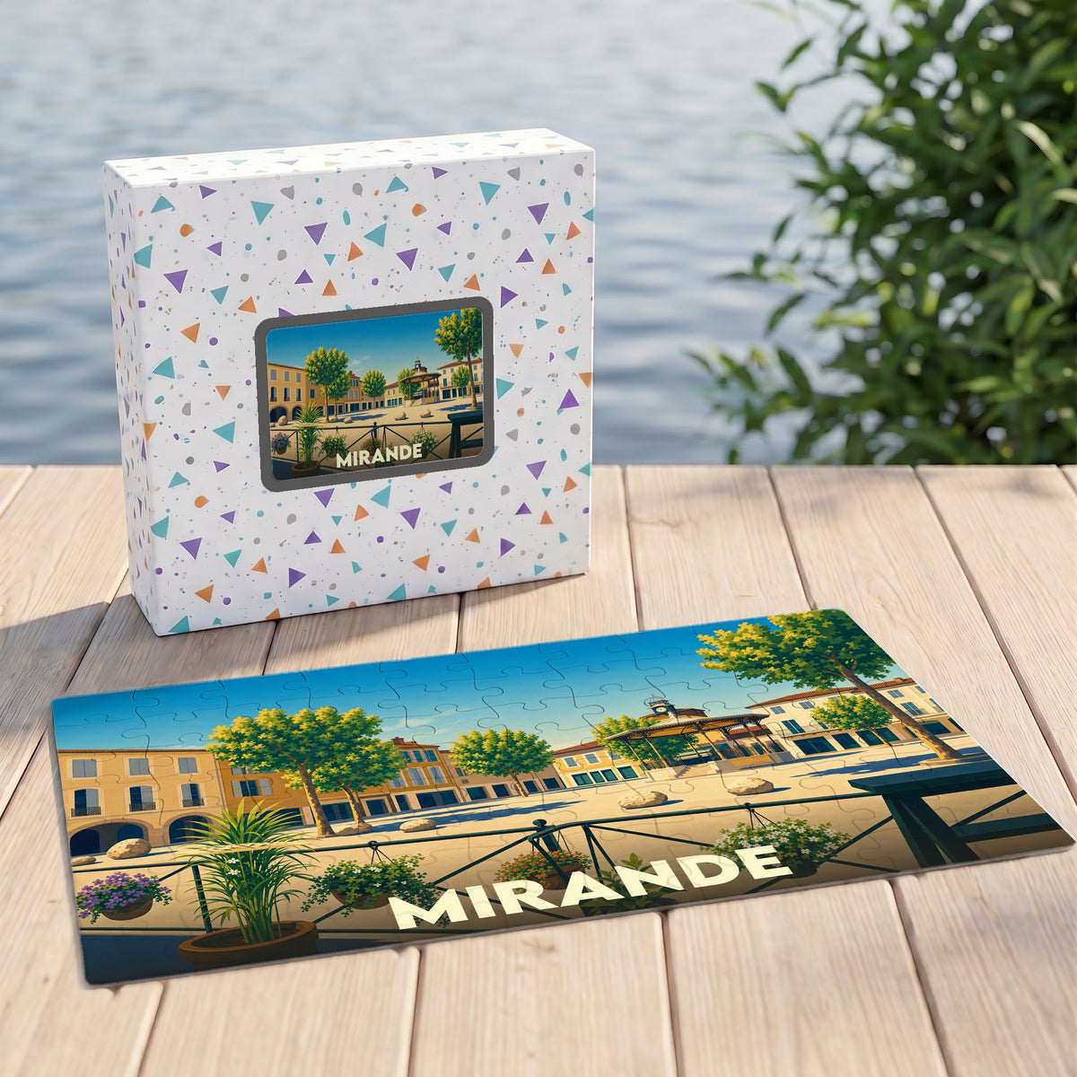 Puzzle souvenir de la ville de Mirande avec une illustration colorée de sa place principale.