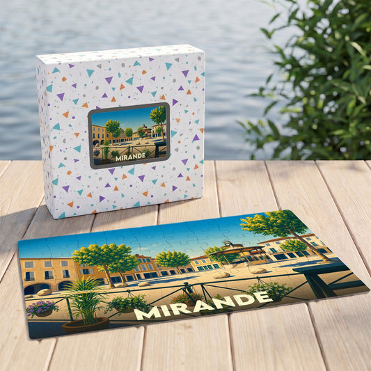 Puzzle souvenir de la ville de Mirande avec une illustration colorée de sa place principale.