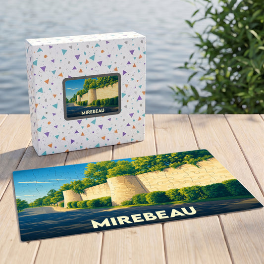 Puzzle souvenir de la ville de Mirebeau avec une illustration stylisée de ses remparts.