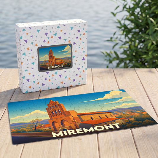 Puzzle souvenir de la ville de Miremont avec une illustration stylisée de son église et de son paysage.