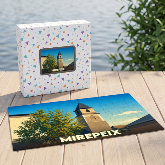 Puzzle souvenir de la ville de Mirepeix avec une illustration stylisée d'un clocher.