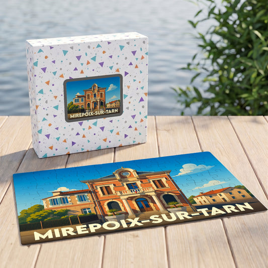 Puzzle souvenir de la ville de Mirepoix-sur-Tarn avec une illustration stylisée de son hôtel de ville.