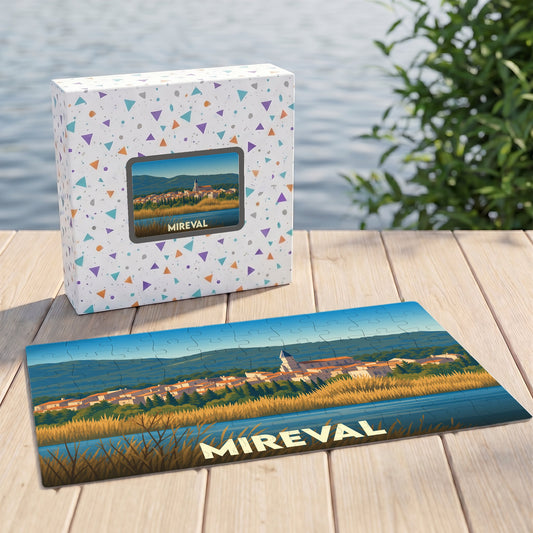 Puzzle souvenir de la ville de Mireval avec une illustration stylisée.