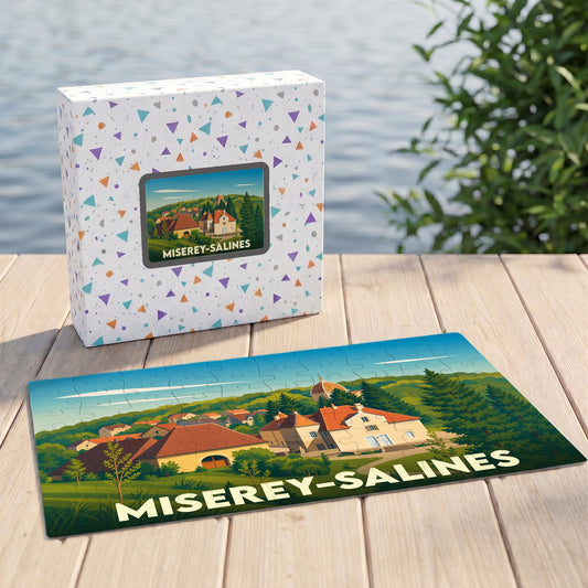 Puzzle souvenir de la ville de Miserey-Salines avec une illustration paysagère stylisée.