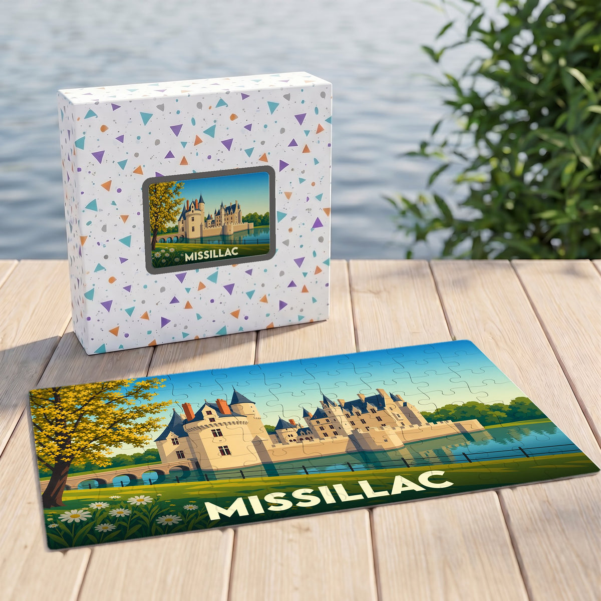 Puzzle souvenir de la ville de Missillac avec une illustration stylisée de son château.