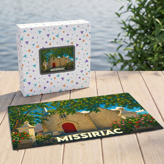 Puzzle souvenir de la ville de Missiriac avec une illustration stylisée d'un bâtiment historique.
