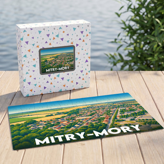 Puzzle souvenir de la ville de Mitry-Mory avec une illustration aérienne colorée.