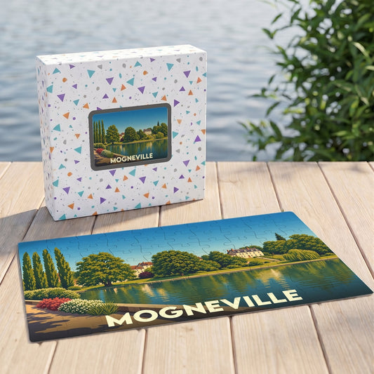Puzzle souvenir de la ville de Mogneville illustrant un paysage de bord de l'eau dans son coffret assorti.