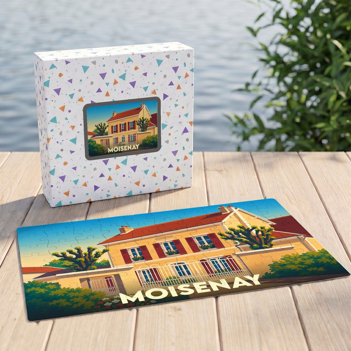 Puzzle souvenir de la ville de Moisenay avec une illustration stylisée d'une maison traditionnelle.