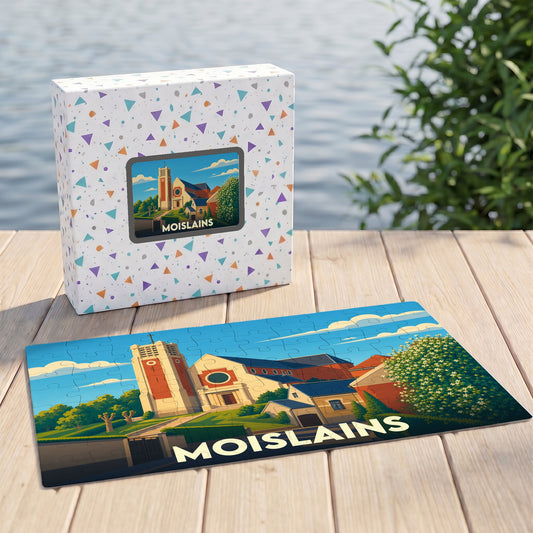 Puzzle souvenir de la ville de Moislains avec une illustration stylisée de son église.