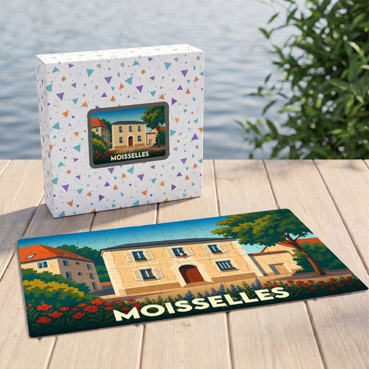Puzzle souvenir de la ville de Moisselles avec une illustration stylisée.