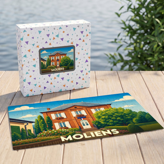 Puzzle souvenir de la ville de Moliens avec une illustration stylisée d'une maison traditionnelle.