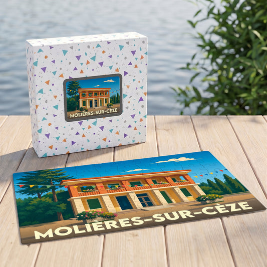 Puzzle souvenir de la ville de Molières-sur-Cèze avec une illustration colorée de son architecture locale.