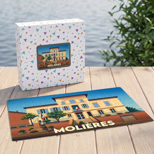 Puzzle souvenir de la ville de Molières avec une illustration stylisée de sa mairie.