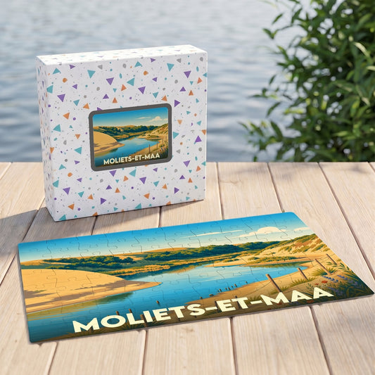 Puzzle souvenir de la ville de Moliets-et-Maa avec une illustration stylisée d'un paysage côtier.