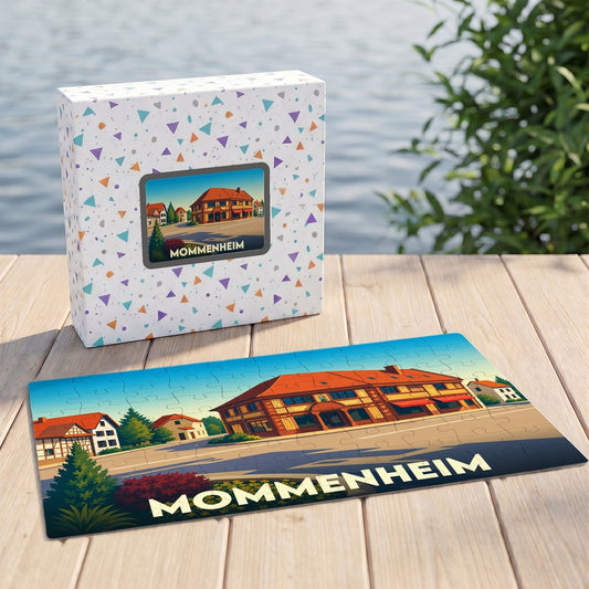 Puzzle souvenir de la ville de Mommenheim avec une illustration stylisée d'un bâtiment traditionnel.