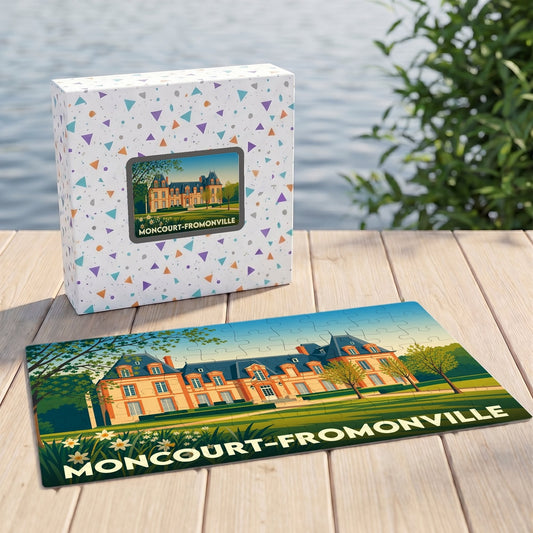Puzzle souvenir de la ville de Moncourt-Fromonville avec une illustration stylisée d'un château.