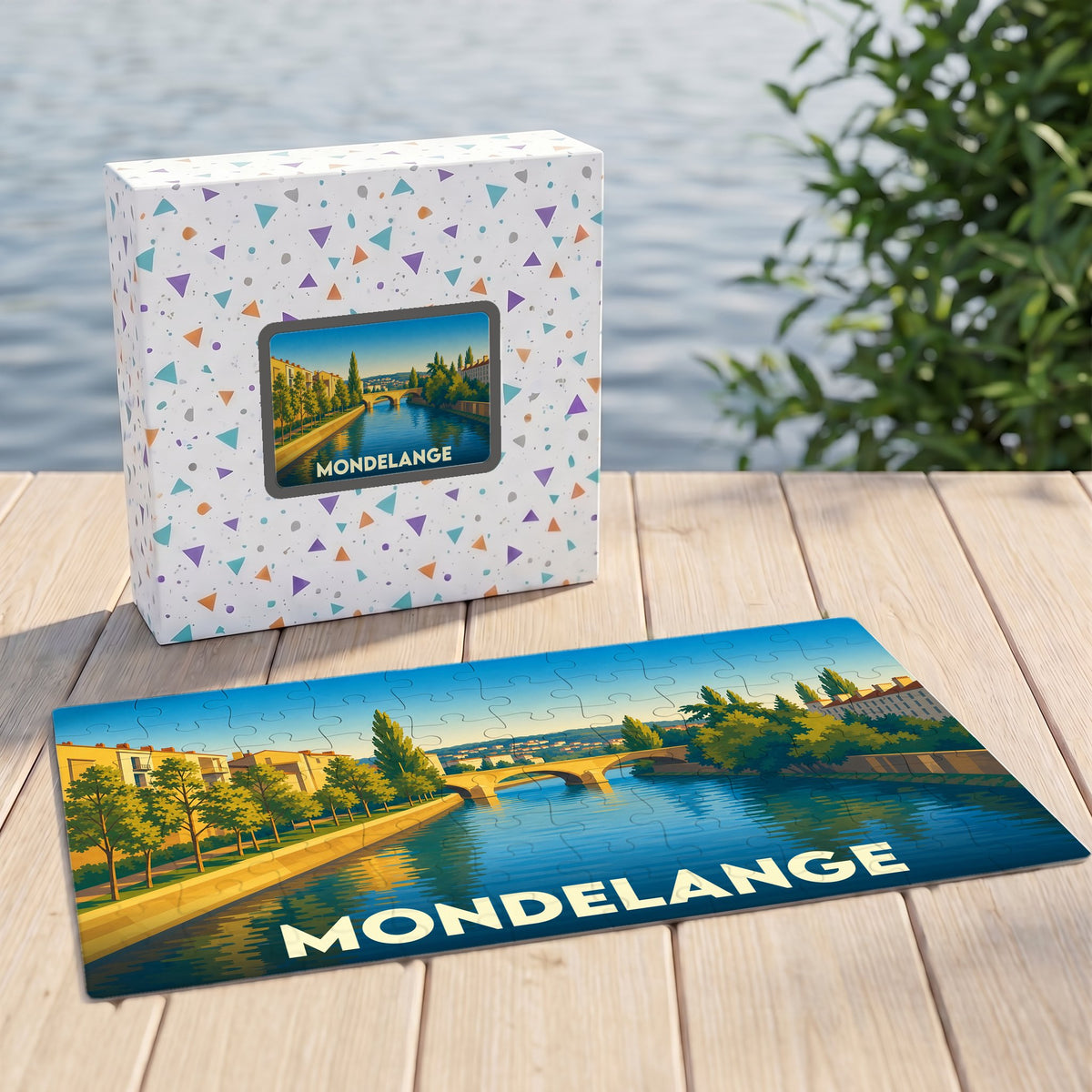 Puzzle souvenir de la ville de Mondelange avec une illustration stylisée représentant un pont sur un fleuve.