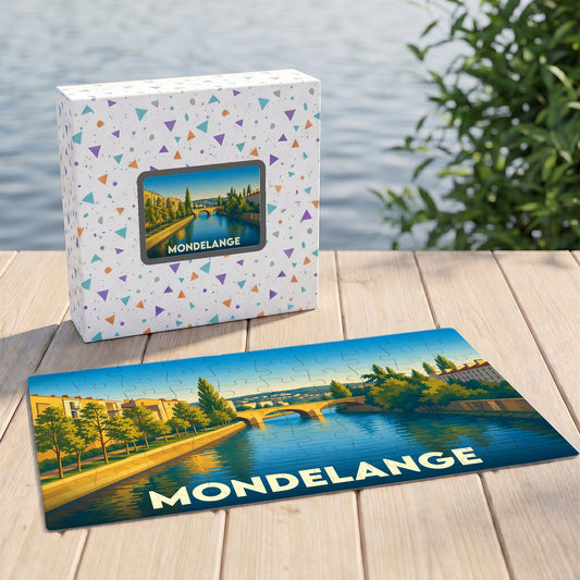 Puzzle souvenir de la ville de Mondelange avec une illustration stylisée représentant un pont sur un fleuve.