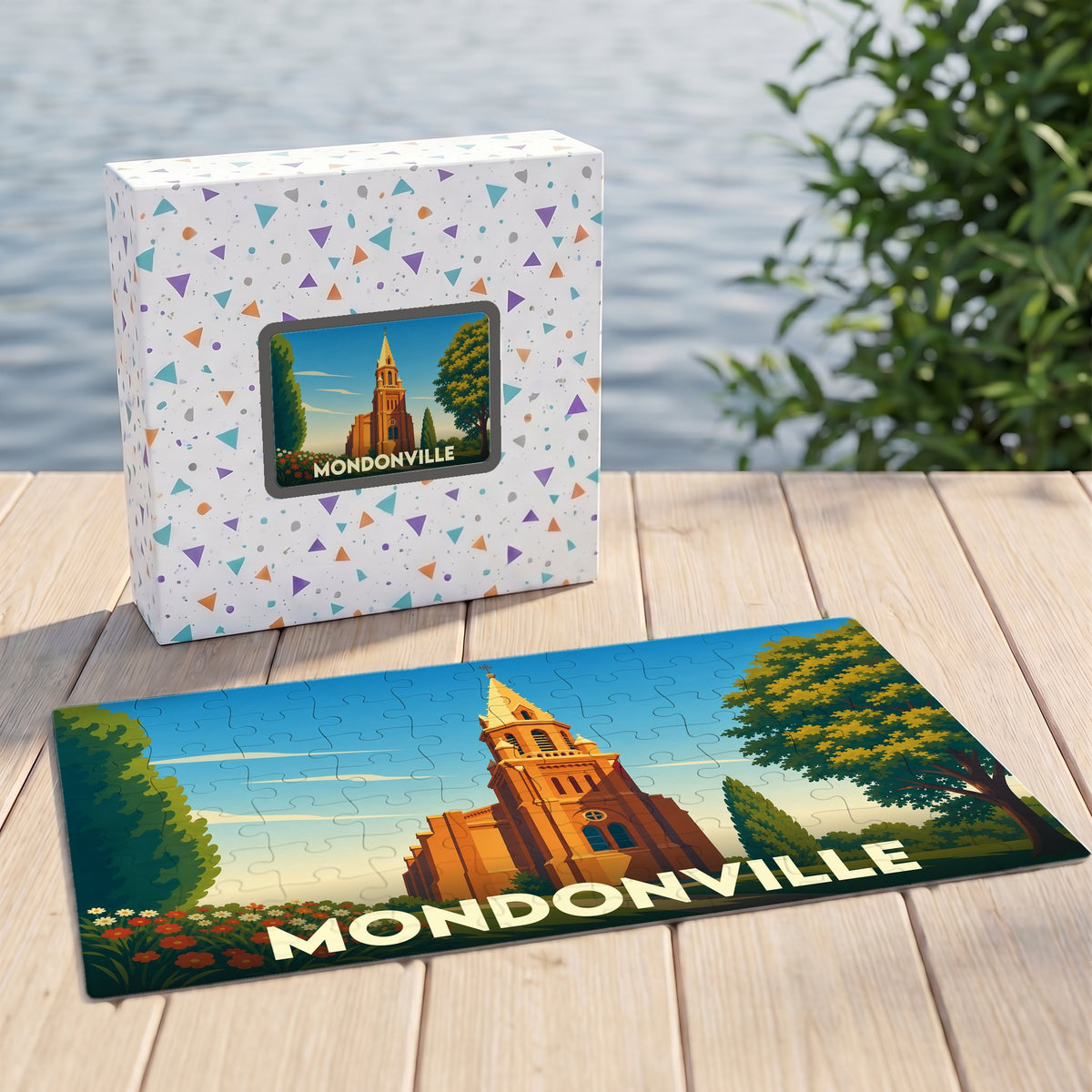 Puzzle souvenir de la ville de Mondonville avec une illustration stylisée de son église.