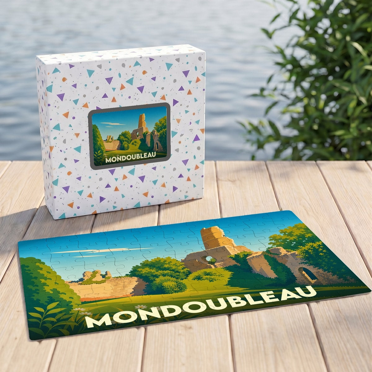 Puzzle souvenir de la ville de Mondoubleau représentant les ruines de son château dans un style illustré.