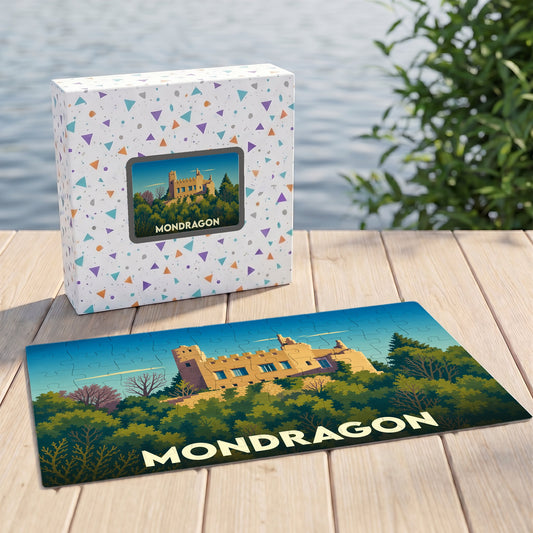 Puzzle souvenir de la ville de Mondragon illustrant son château dans un style graphique épuré.