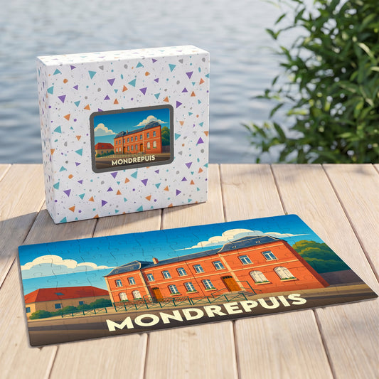 Puzzle souvenir de la ville de Mondrepuis illustré par un bâtiment rouge stylisé.