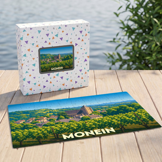 Puzzle souvenir de la ville de Monein avec une illustration de son paysage et de ses vignobles.