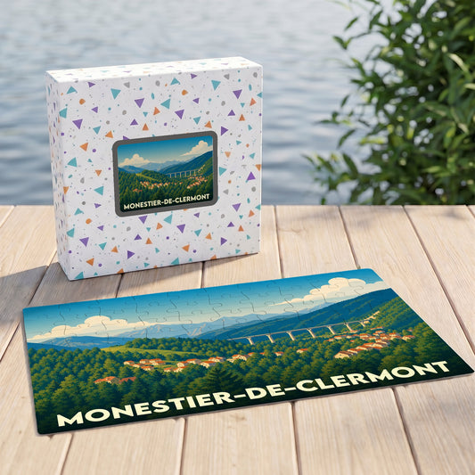 Puzzle souvenir de la ville de Monestier-de-Clermont illustrant un paysage de montagne avec son viaduc.