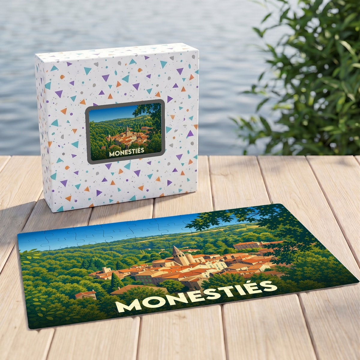 Puzzle souvenir de la ville de Monestiés illustré d'un paysage panoramique coloré.