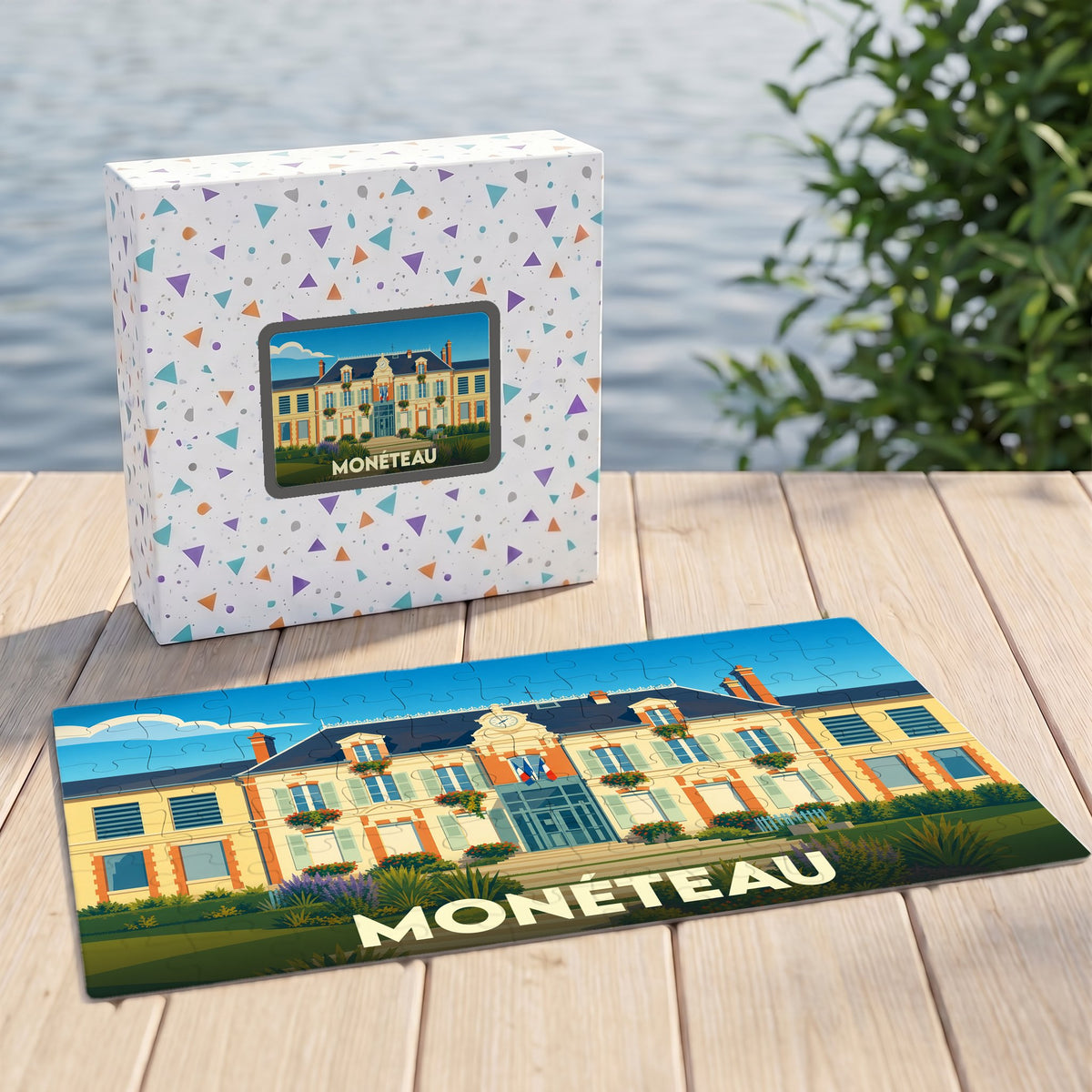 Puzzle souvenir de la ville de Monéteau avec une illustration stylisée de sa mairie.