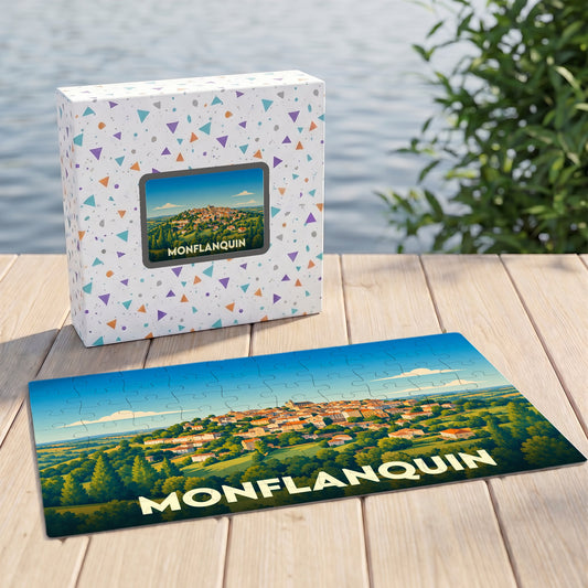 Puzzle souvenir de la ville de Monflanquin avec une illustration colorée et stylisée.