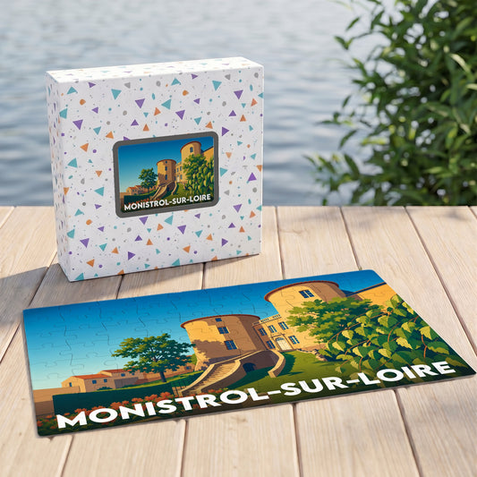 Puzzle souvenir de la ville de Monistrol-sur-Loire avec une illustration stylisée de son château.