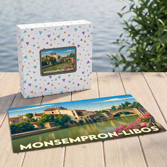Puzzle souvenir de la ville de Monsempron-Libos avec une illustration stylisée et colorée.