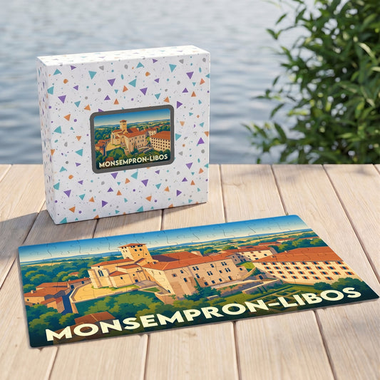Puzzle souvenir de la ville de Monsempron-Libos avec une illustration stylisée et colorée.
