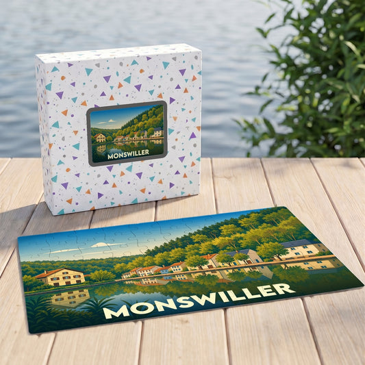 Puzzle souvenir de la ville de Monswiller illustrant un paysage de bord de l'eau.