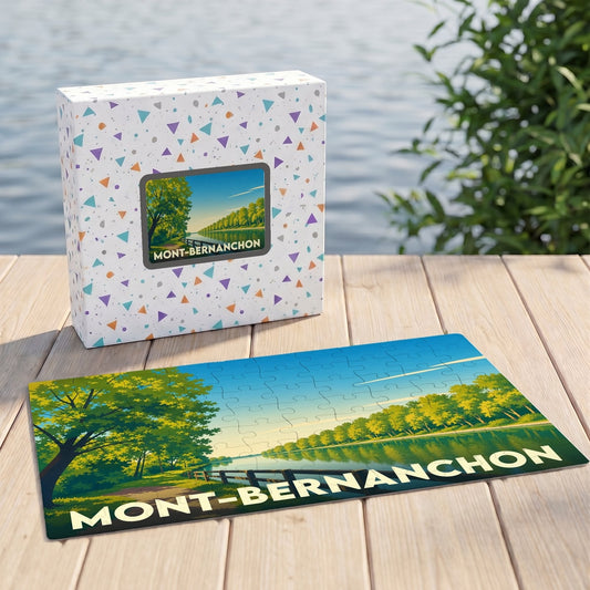 Puzzle souvenir de la ville de Mont-Bernanchon présentant une illustration stylisée d'un paysage de bord d'eau.