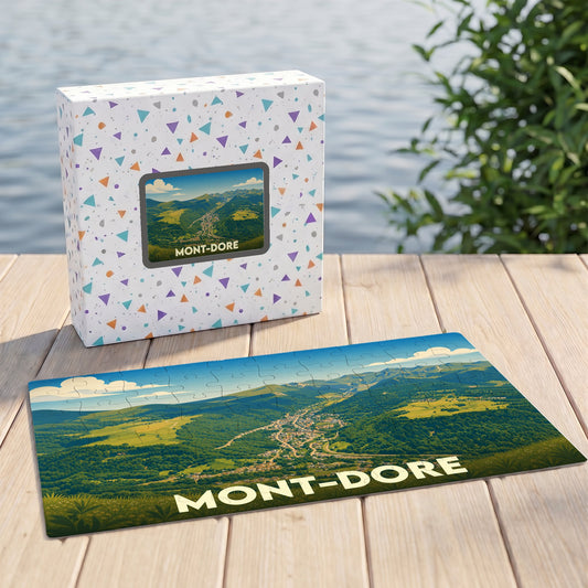 Puzzle souvenir de la ville du Mont-Dore avec une illustration paysagère de la vallée.